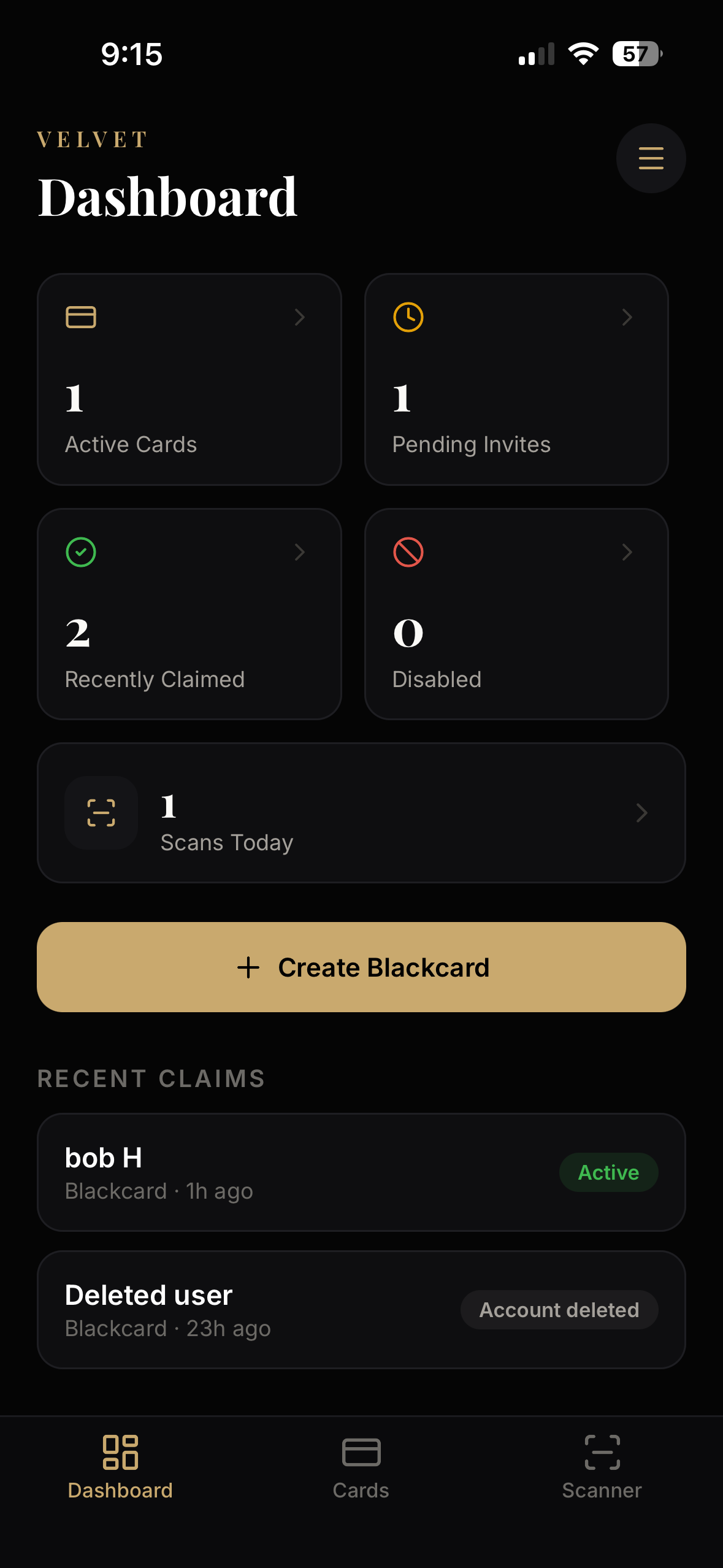 Velvet venue dashboard showing active cards, pending invites, recently claimed cards, scans today, Create Blackcard button, and recent claims feed