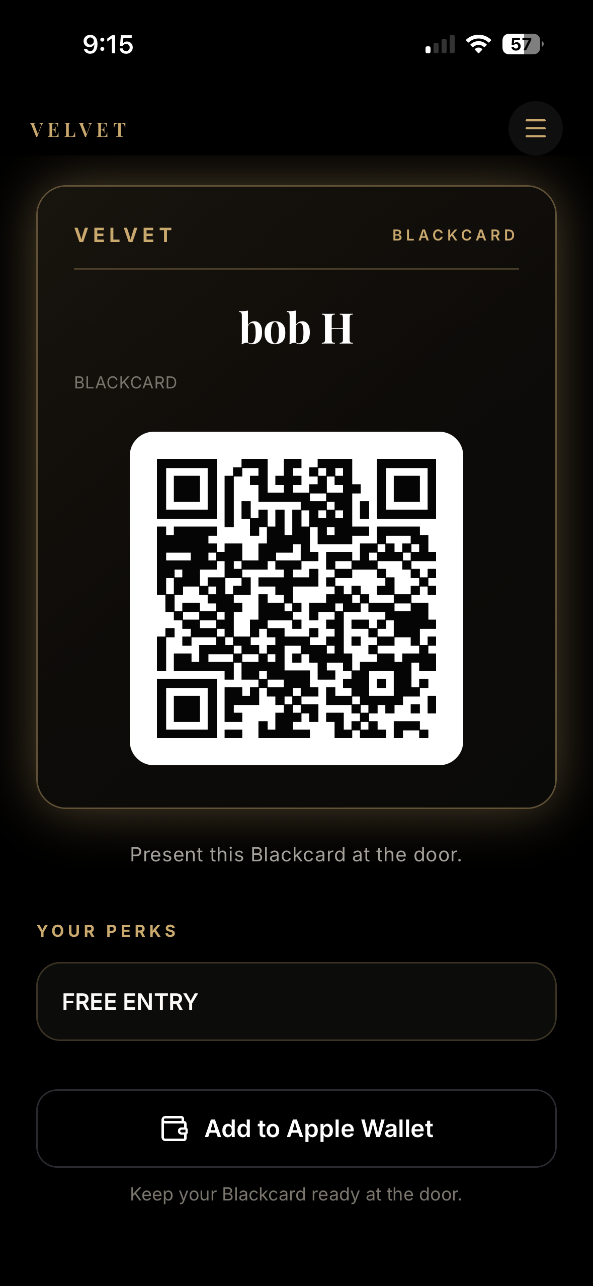 Digital Blackcard at Velvet showing member name, scannable QR code, Free Entry perk, and Add to Apple Wallet button