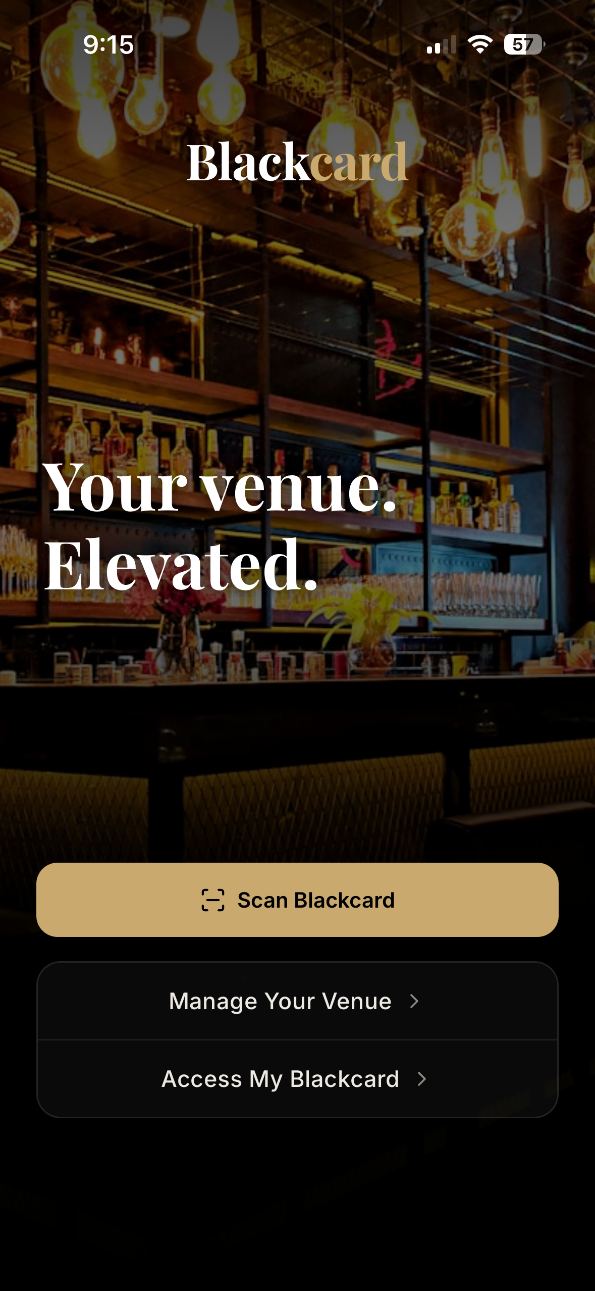 Blackcard welcome screen showing bar interior with Your venue. Elevated. headline, Scan Blackcard button, Manage Your Venue and Access My Blackcard options